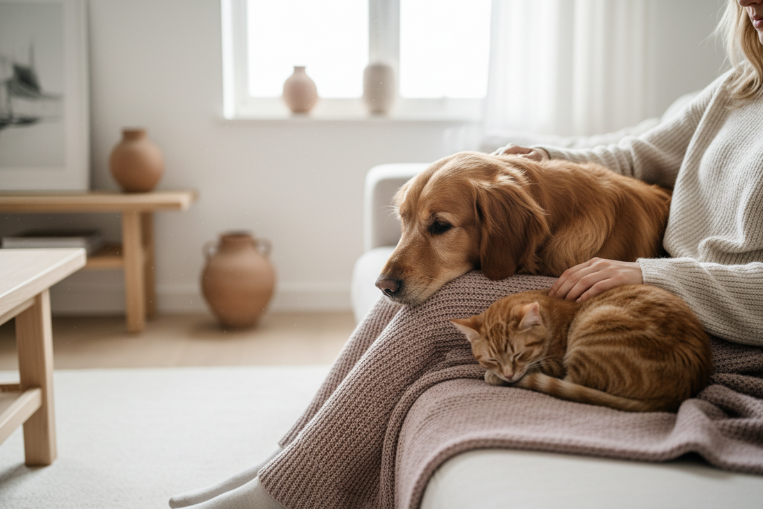 A golden retriever and cat resting peacefully with its owner, illustrating the quiet bond between pets and their humans