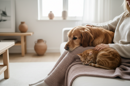 A golden retriever and cat resting peacefully with its owner, illustrating the quiet bond between pets and their humans