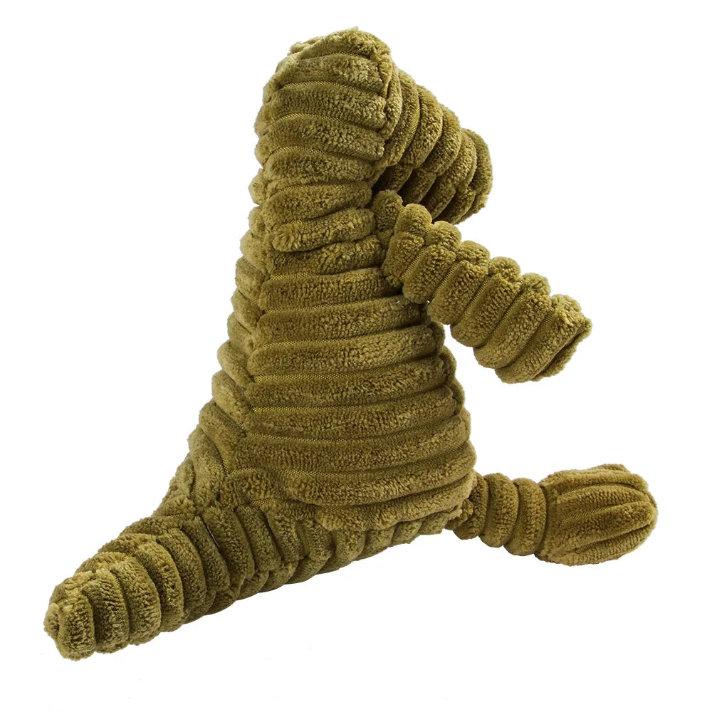 Olive green plush alligator dental chew toy for dogs side view