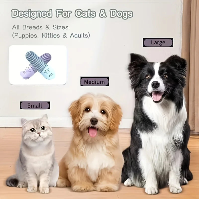 Silicone finger toothbrushes in green blue purple gray designed for cats and dogs