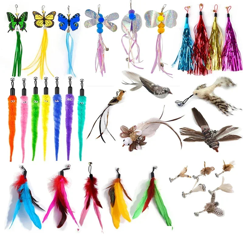 Complete interactive cat feather wand toy set with butterflies birds worms and colorful attachments