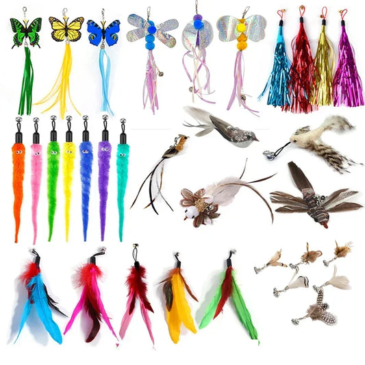 Complete interactive cat feather wand toy set with butterflies birds worms and colorful attachments