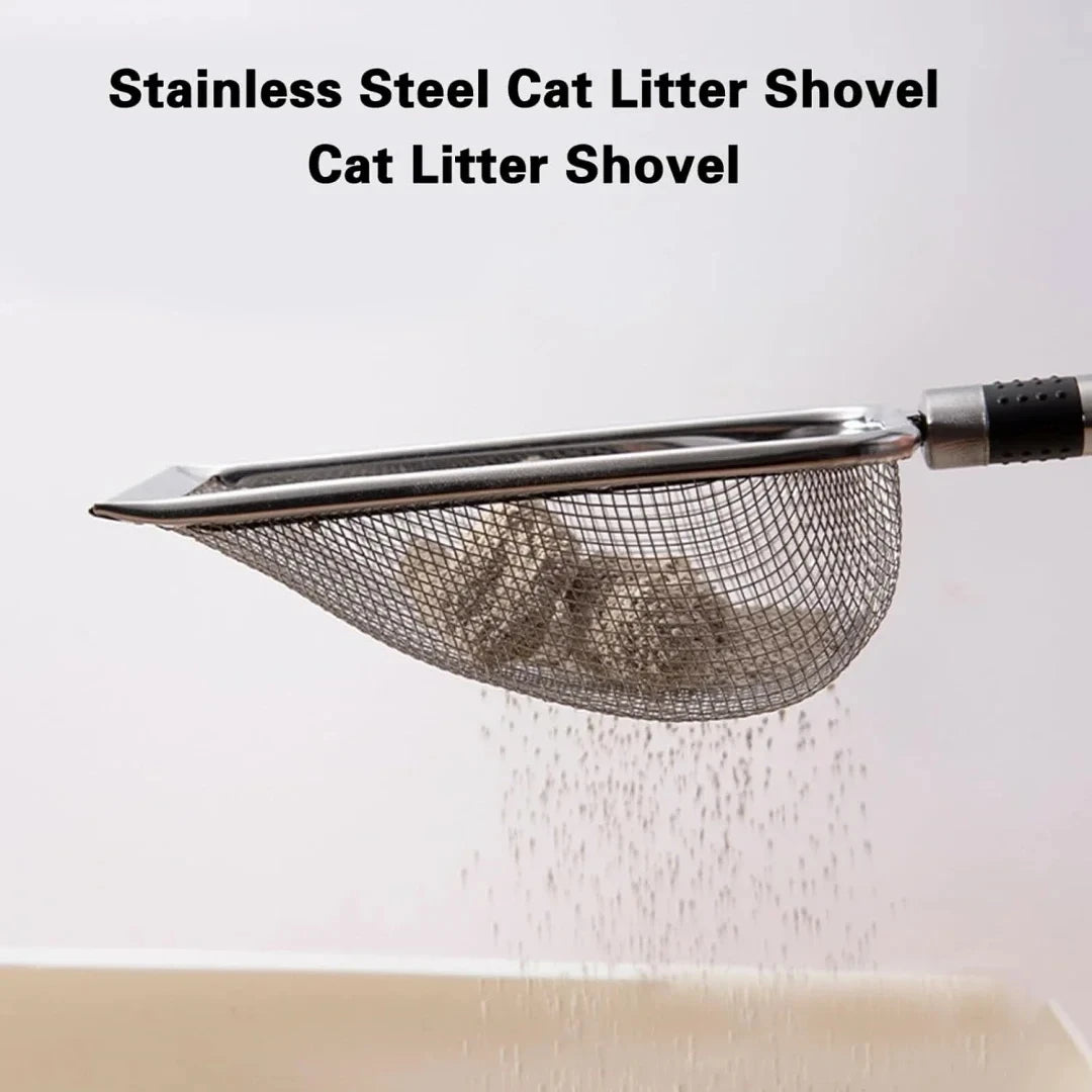 Stainless steel cat litter scoop sifting clumps side view demonstrating mesh design