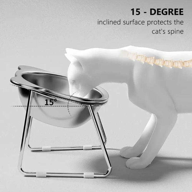 3D diagram of cat eating from 15 degree tilted elevated stainless steel bowl spine protection