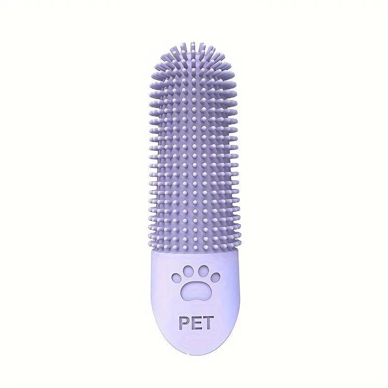 Purple silicone finger toothbrush displayed on white background