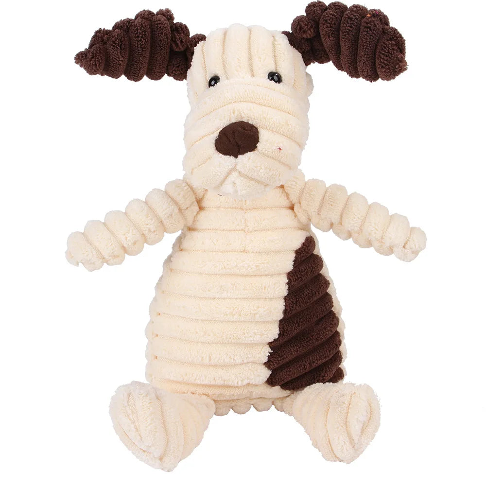 Cream and brown plush dog dental chew toy