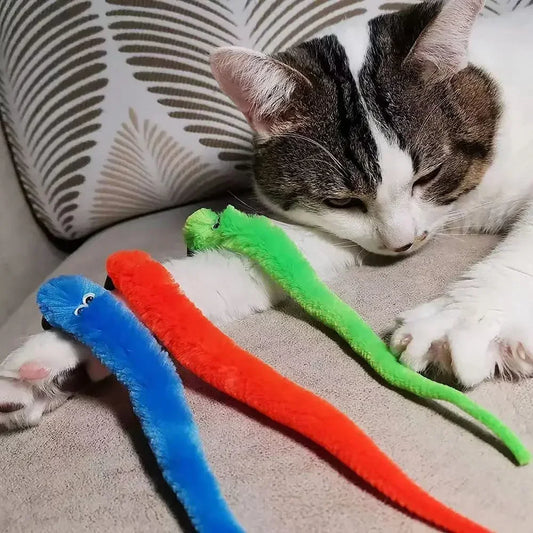 Cat playing with blue orange and green worm toys on soft blanket indoor play
