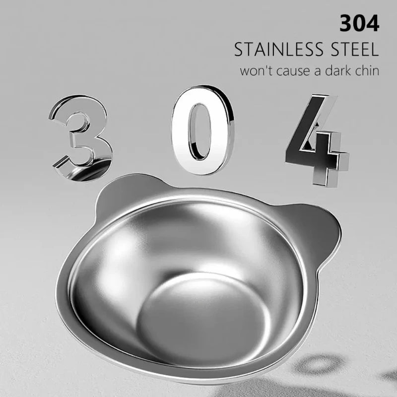 Close up of 304 stainless steel pet bowl with cat ear shaped rim