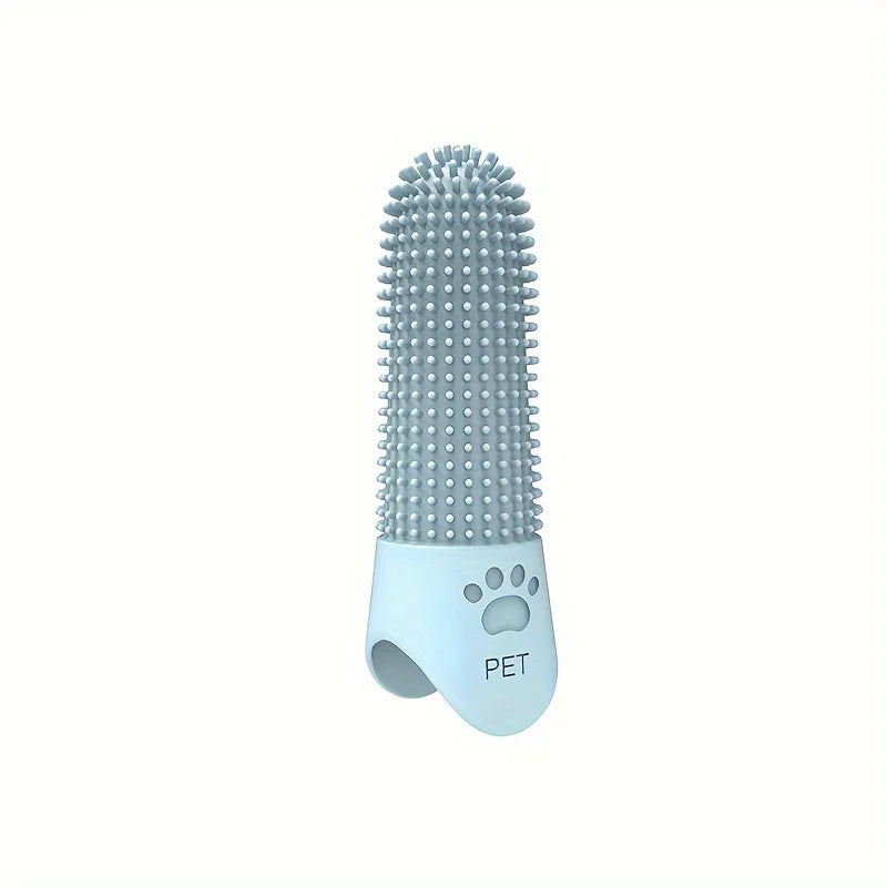 Blue silicone finger toothbrush displayed alone on white background