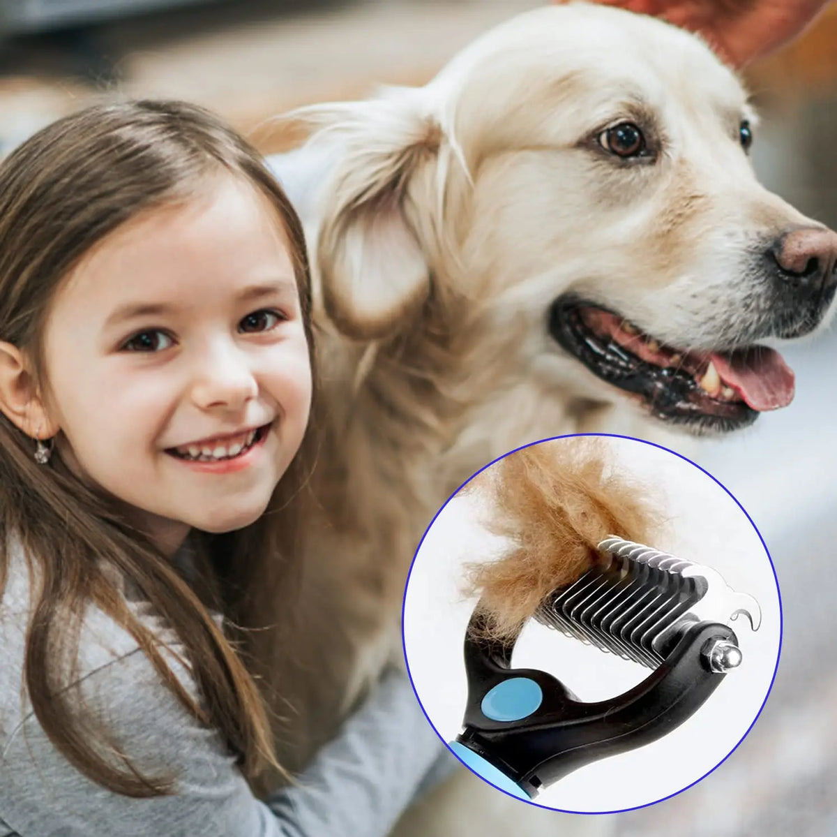 Girl grooming golden retriever with deshedding brush wide range of use