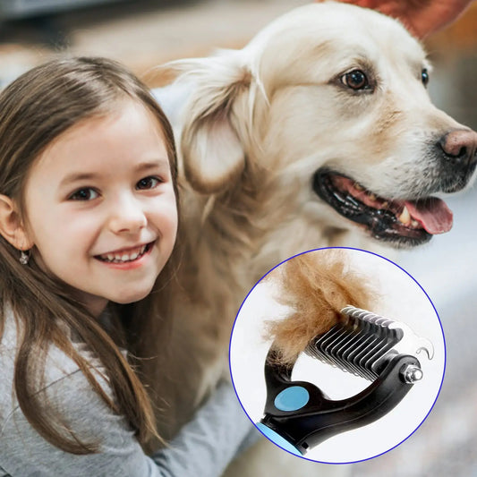Girl grooming golden retriever with deshedding brush wide range of use