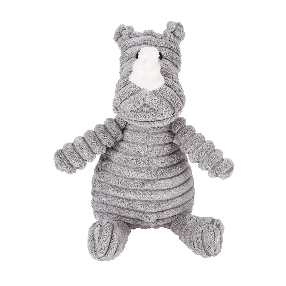 Grey plush rhino dental chew toy for dogs