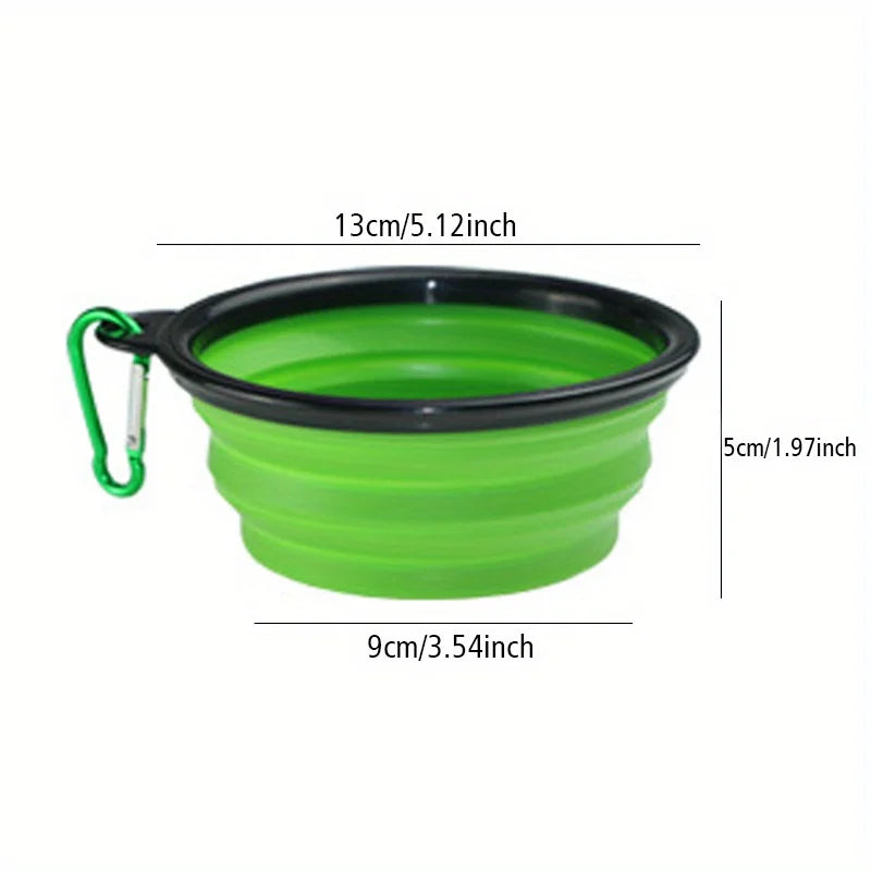 Green collapsible pet travel bowl with carabiner clip size chart
