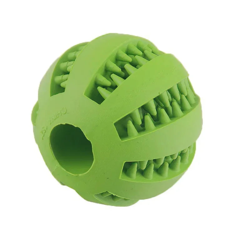 Green rubber treat dispenser ball with nontoxic bite resistant design