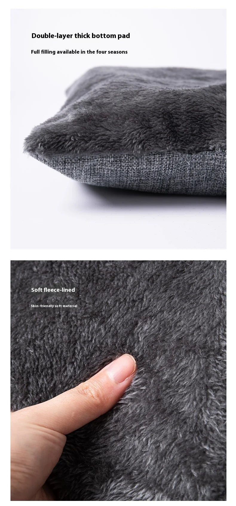 Hand touching soft gray fleece fabric of triangle cat nest bed