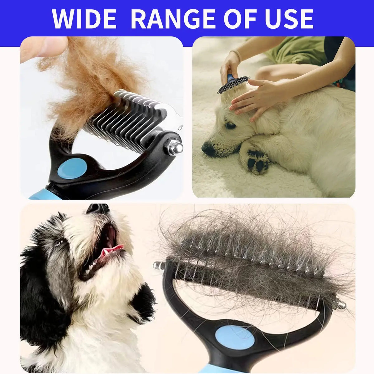 Deshedding brush removing undercoat hair from cat and dog close up
