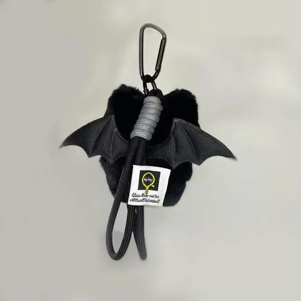 Black plush winged cat keychain back view