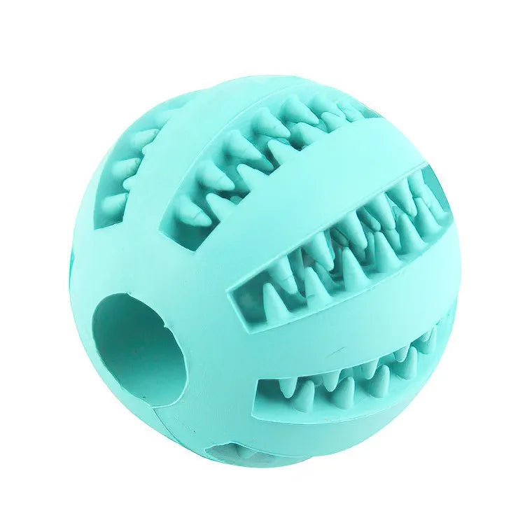 Turquoise rubber chew ball with treat dispensing holes and dental ridges