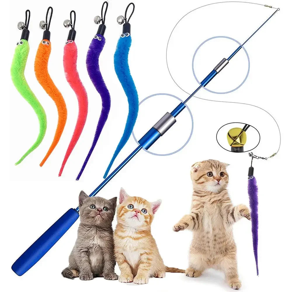 Collage of retractable cat wand with colorful worm attachments and playful kittens