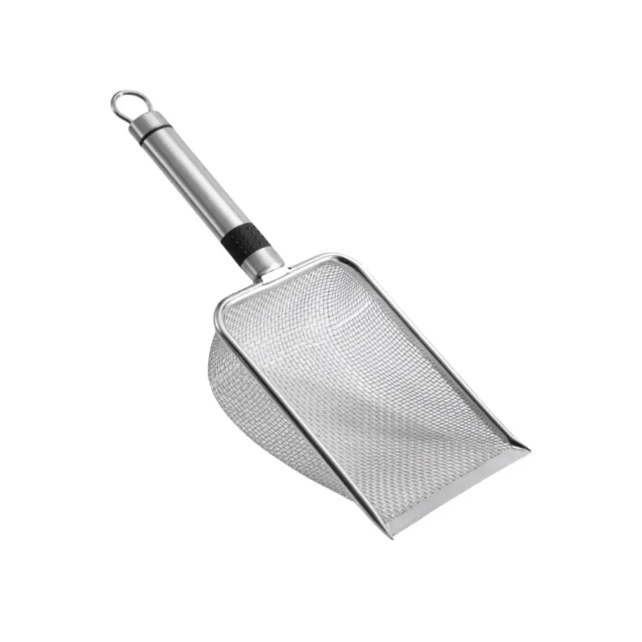 Stainless steel litter scoop standing on white background ergonomic daily tool