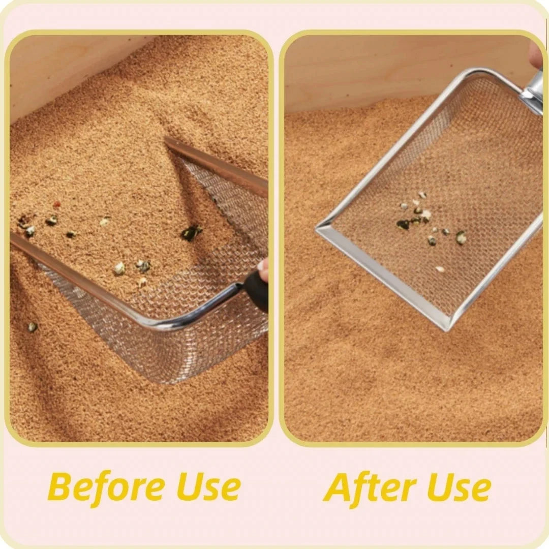 Before and after comparison of stainless steel litter scoop sifting cat litter efficiently