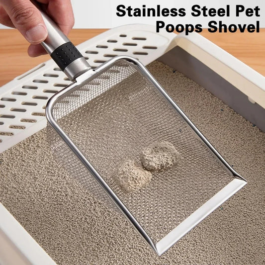 Stainless steel cat litter scoop with ergonomic handle sifting clumps in litter box