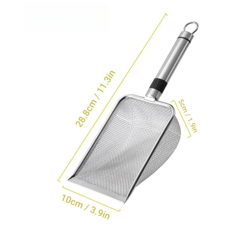 Stainless steel litter shovel with dimensions 11.3"  length ergonomic metal handle