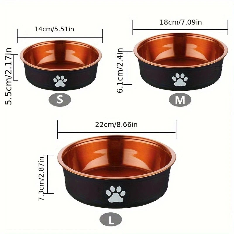 Empty black and copper stainless steel dog bowl with white paw print front view Size chart showing S M L dog bowls with dimensions 5.5 7 8.5 inches