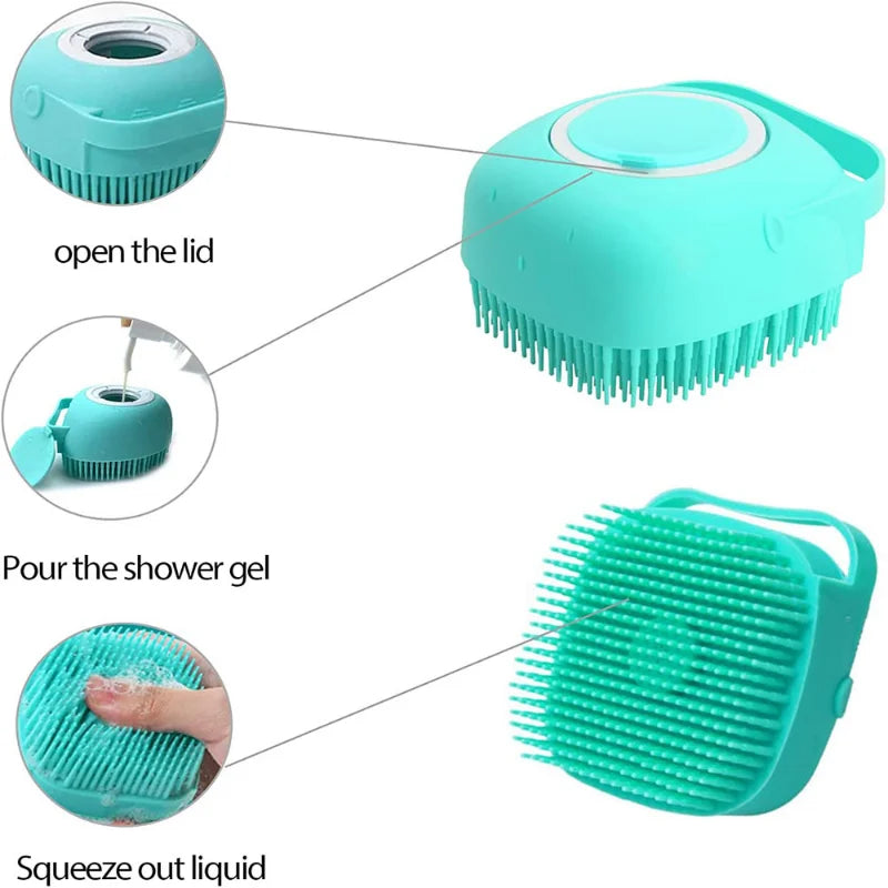 Soft silicone pet bathing brush with gel reservoir for shampoo massage options details