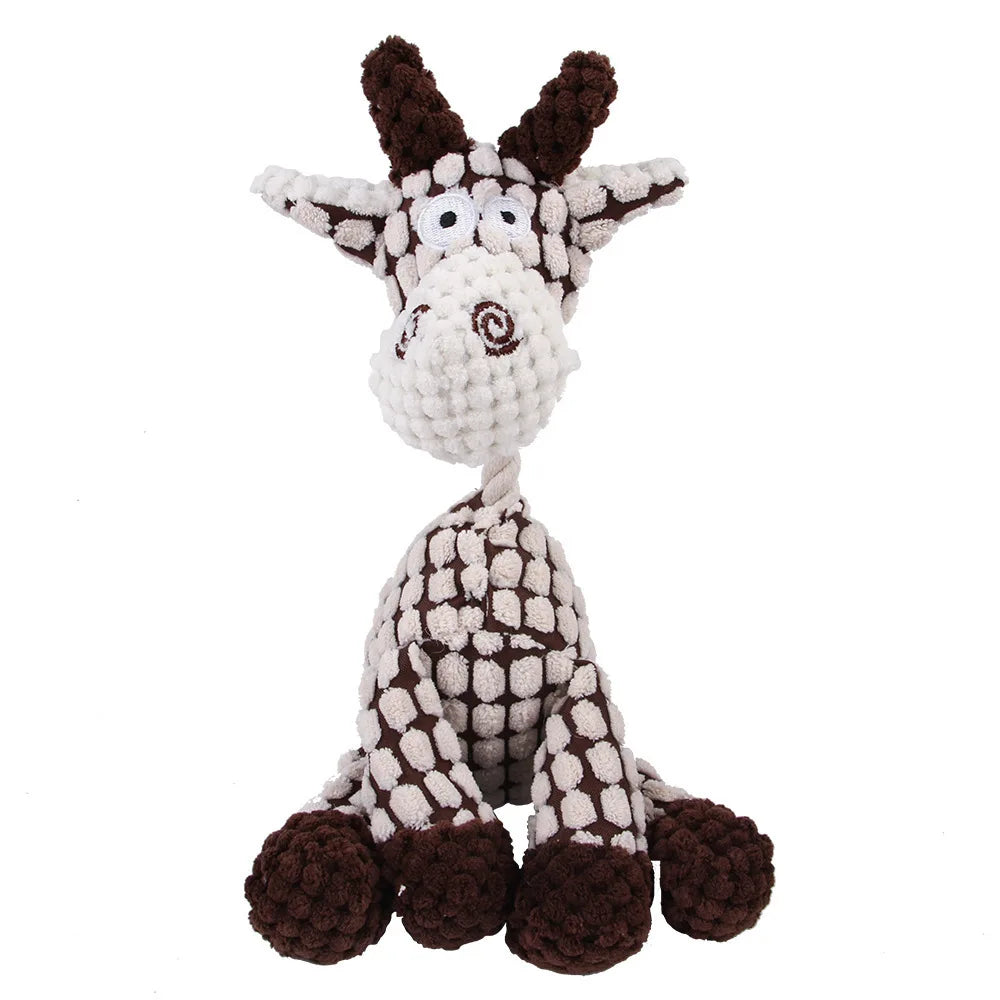 Black and white plush giraffe dental chew toy for dogs