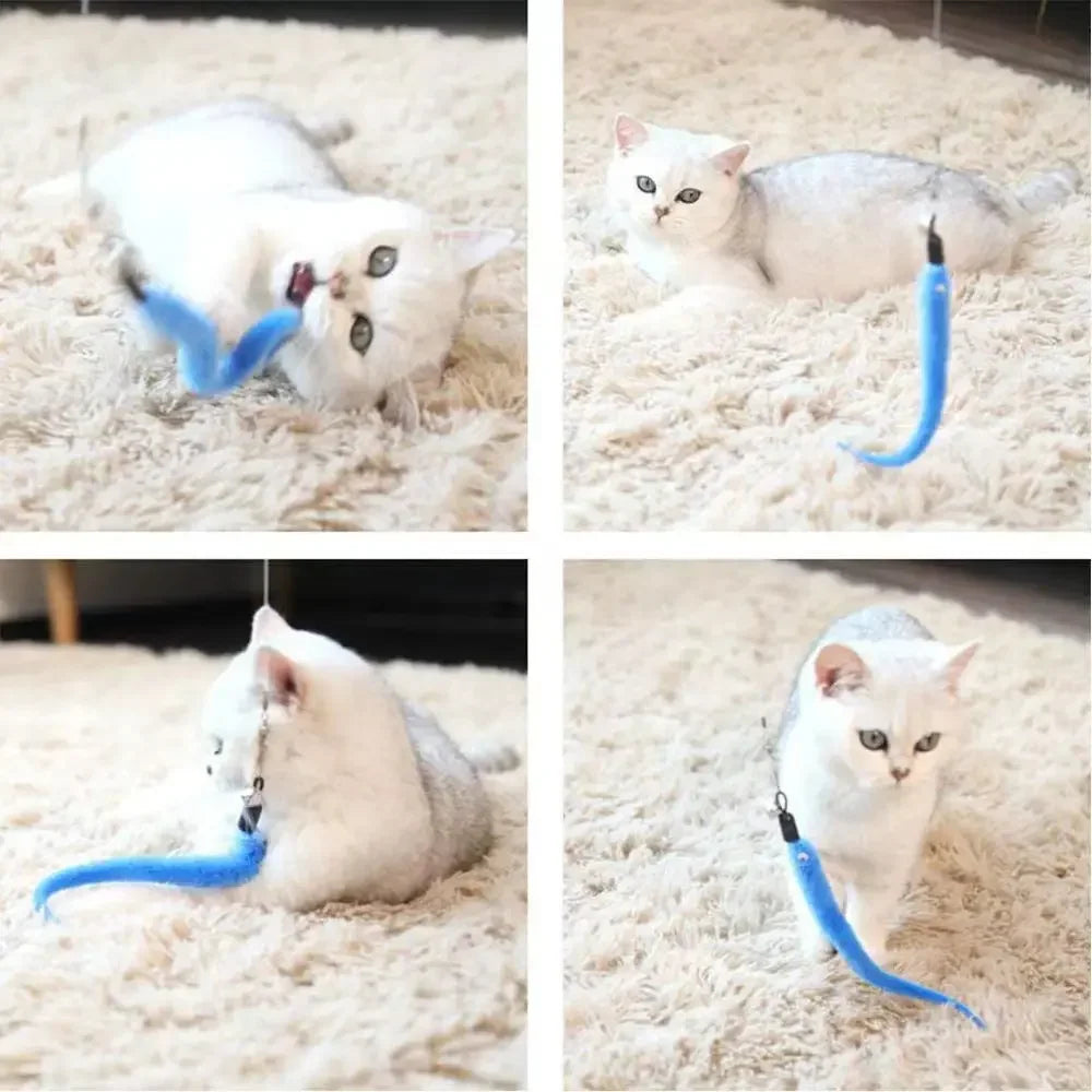 White cats playing with blue worm toys on carpet collage of playful moments