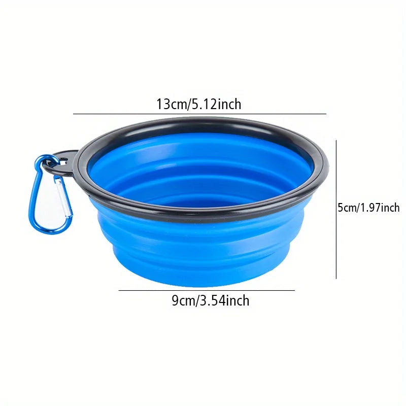 Blue collapsible pet bowl with carabiner portable outdoor feeder