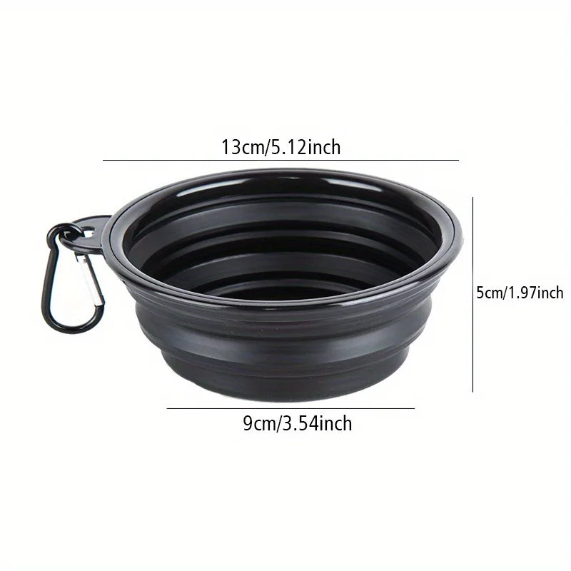 Black collapsible silicone pet bowl with metal carabiner clip