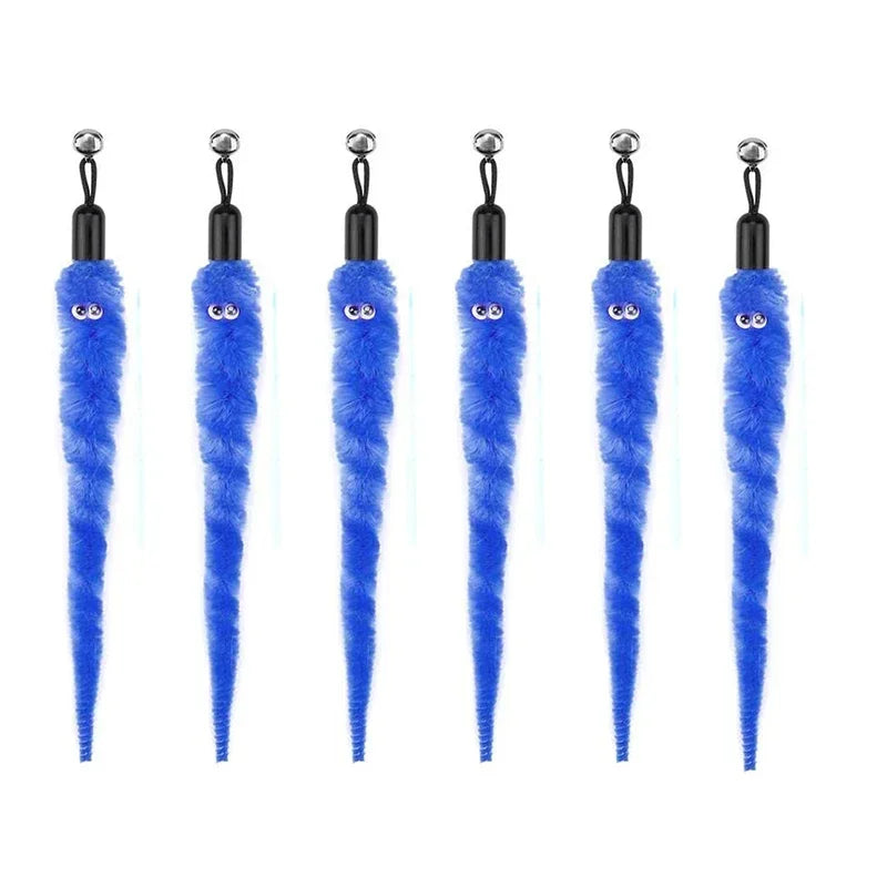 Blue fuzzy worm cat toys with smiley faces hanging in a row replacements