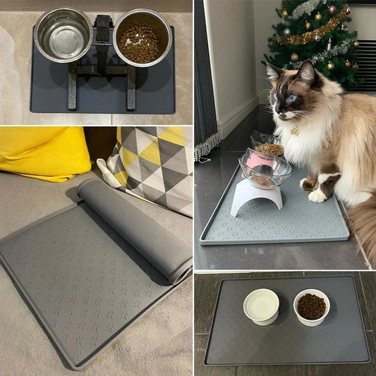 Gray pet cat feeding mat with two bowls demonstrating waterproof floor protection