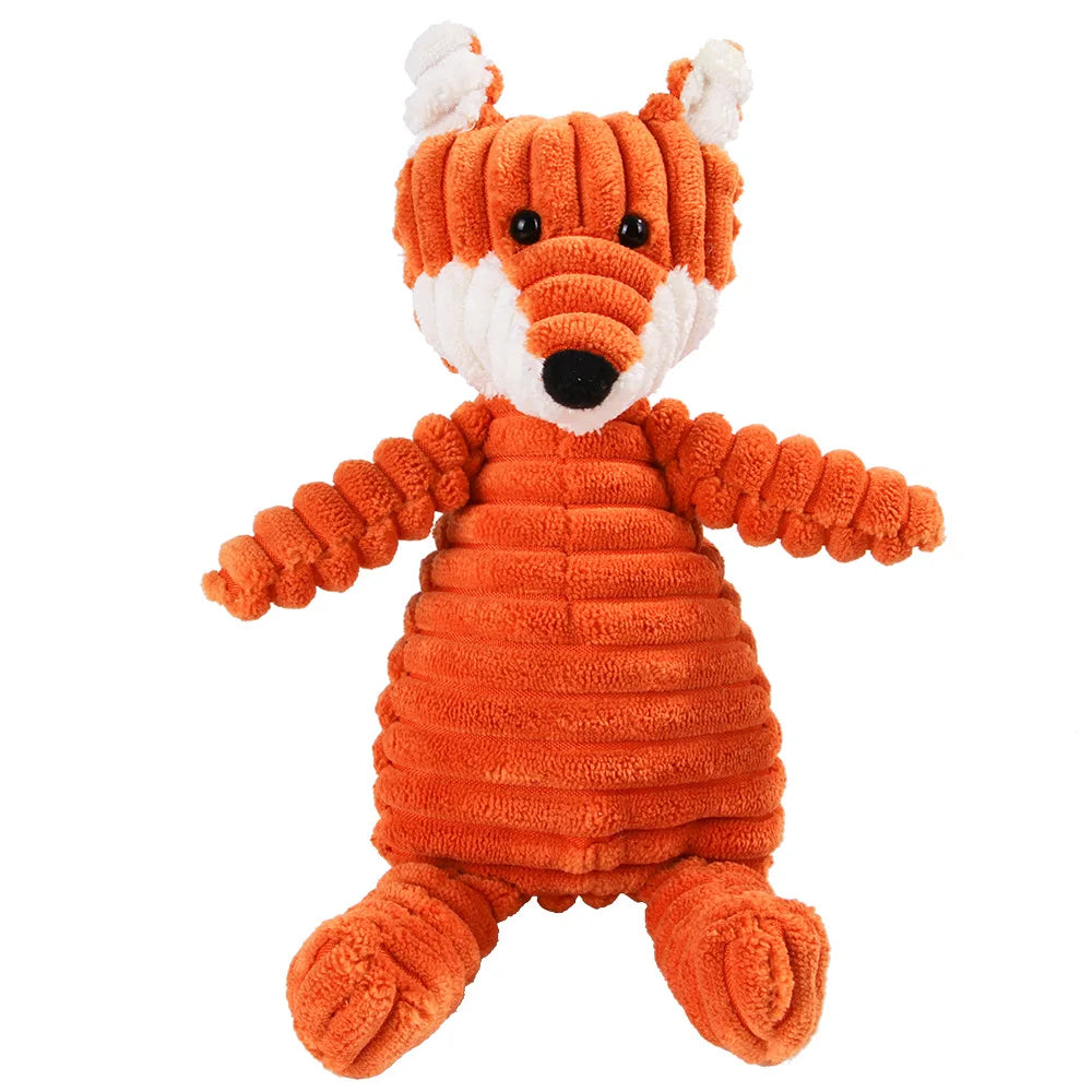 Orange plush fox dental chew toy for dogs