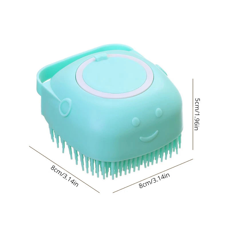 Green silicone pet bath brush displayed on white background
