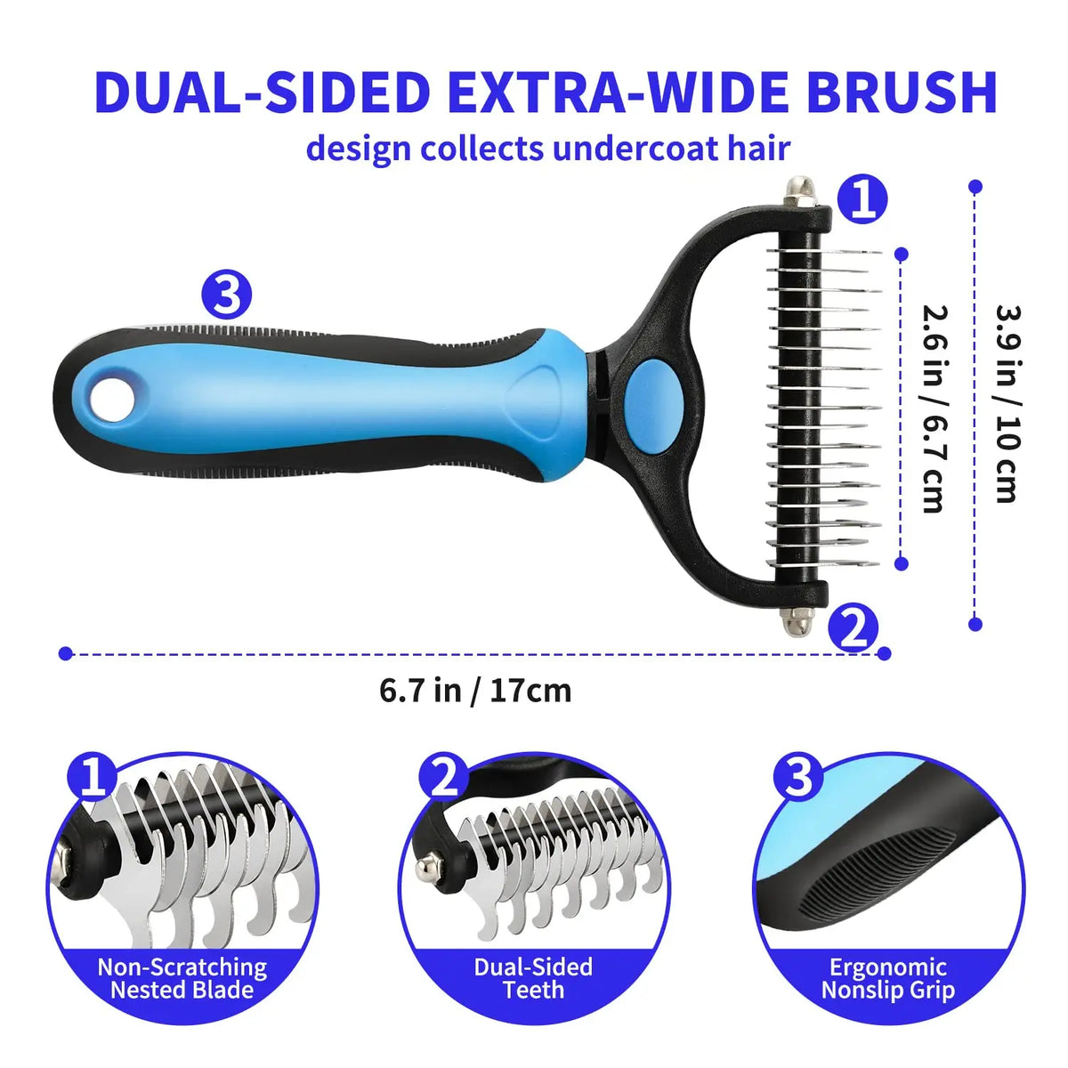 Blue deshedding brush with ergonomic grip and extra wide brush head sizes