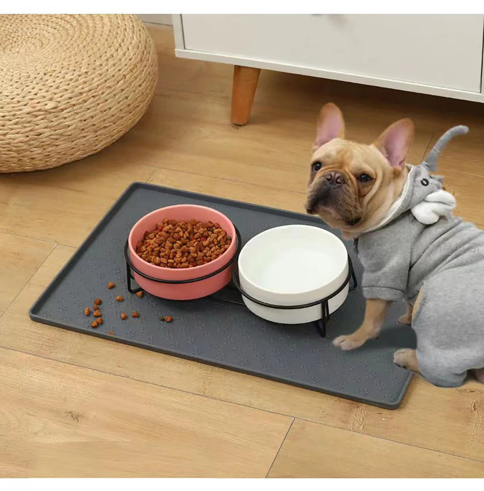 French bulldog sitting beside food bowls on gray silicone pet placemat