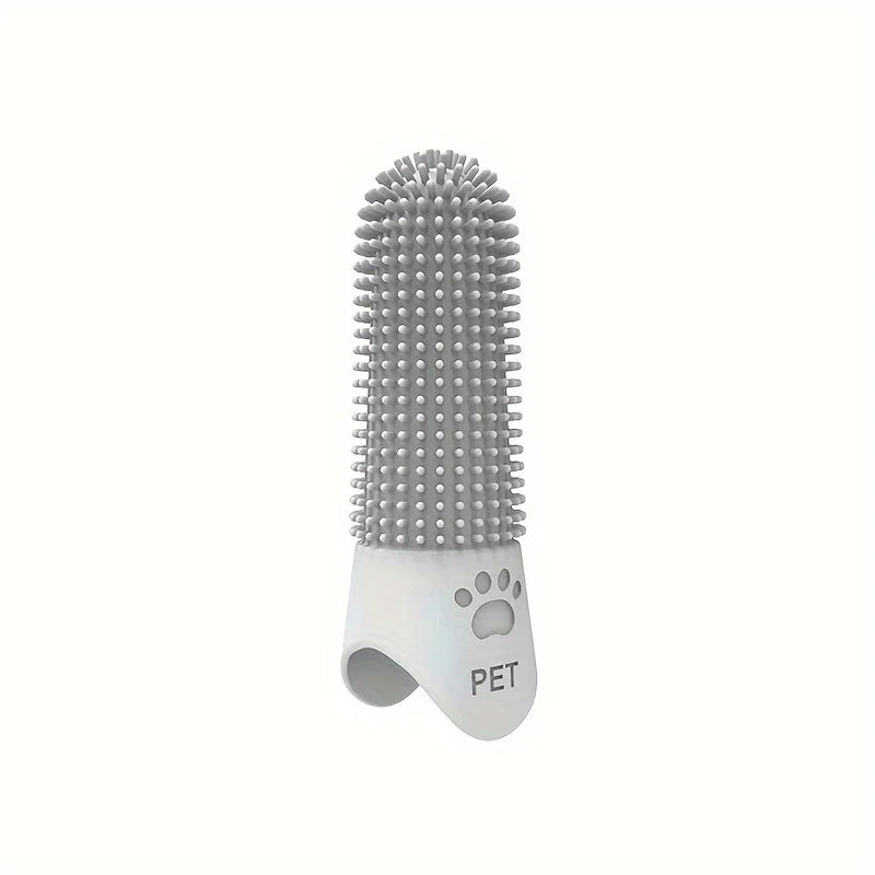 Gray silicone finger toothbrush with soft bristles for pet teeth cleaning