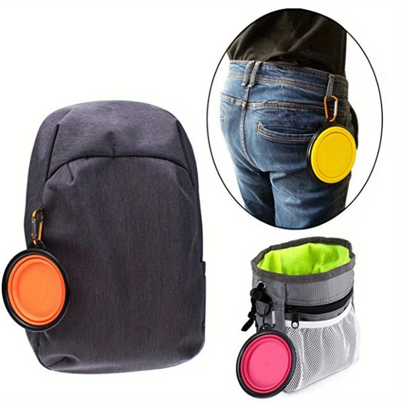 Black backpack with orange collapsible bowl attached portable pet gear