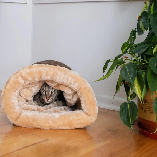 Warm cat sleeping bag with tabby cat inside cozy winter nest bed