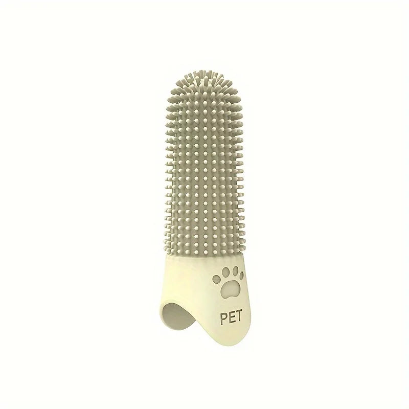 Yellow silicone finger toothbrush with paw print pet oral hygiene