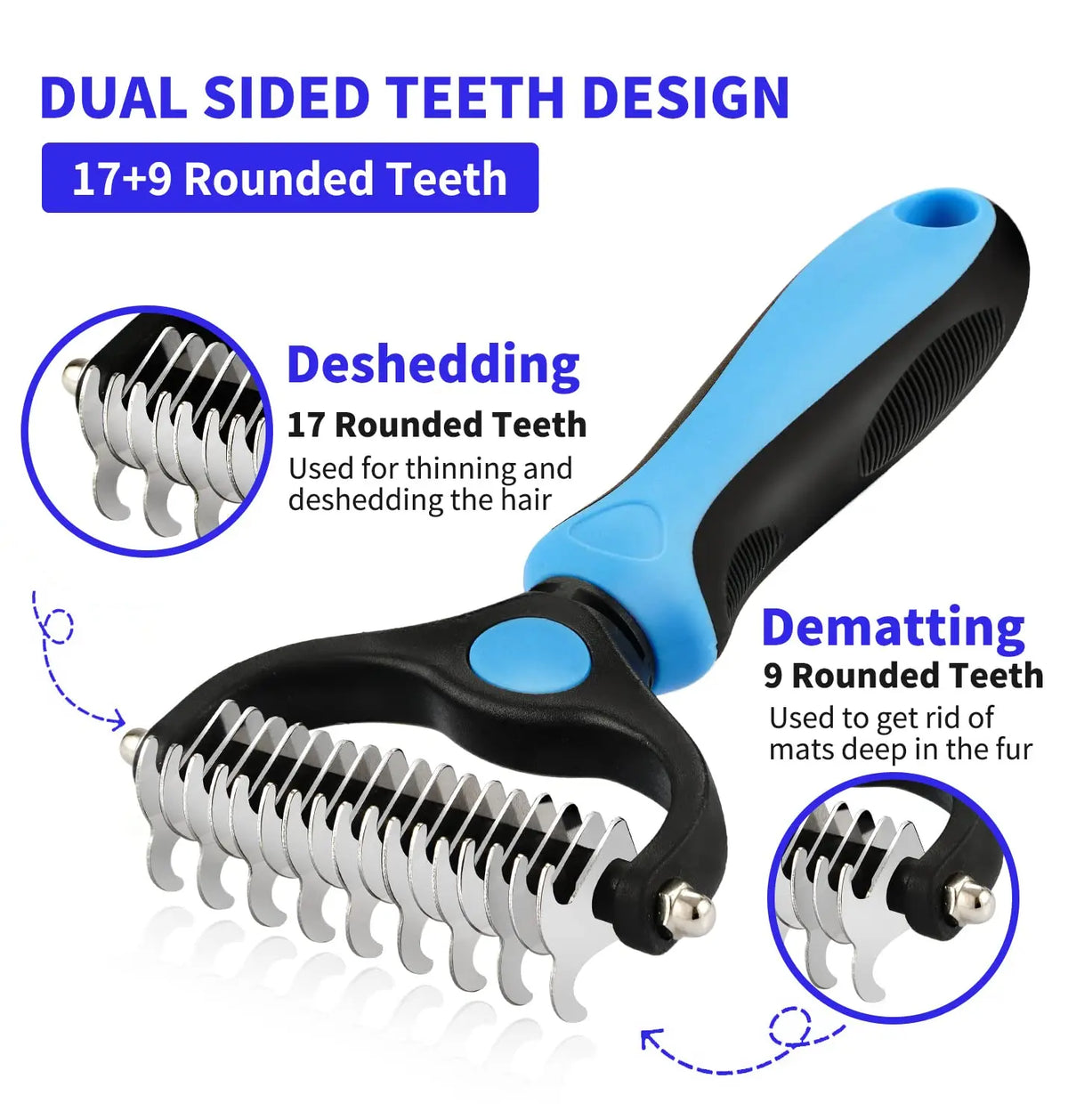 Blue deshedding brush with ergonomic grip and extra wide brush head