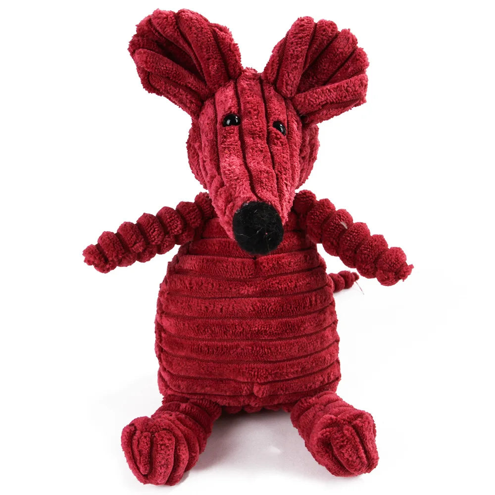 Red plush mouse dental chew toy for dogs