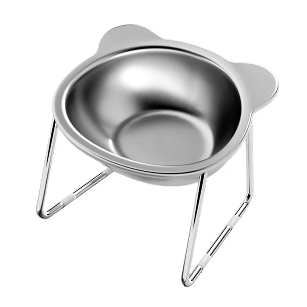Elevated stainless steel cat bowl on metal stand front view minimalist design