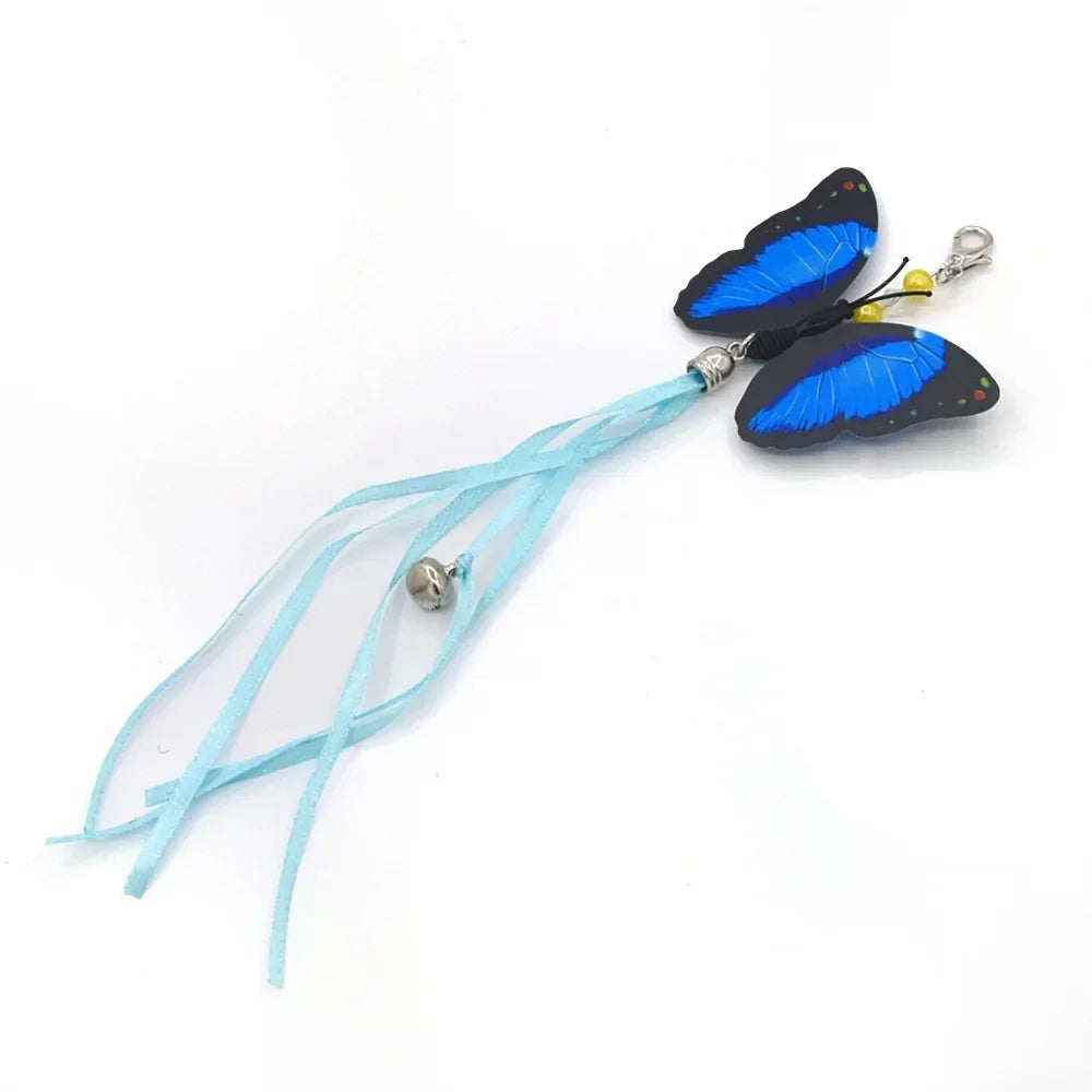 Blue butterfly cat toy with flowing ribbons and bell interactive attachment