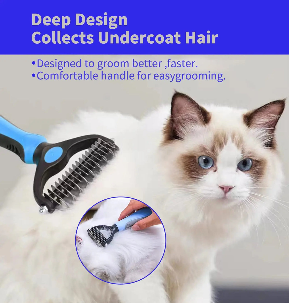 Dual sided teeth design deshedding brush with rounded tips for pets