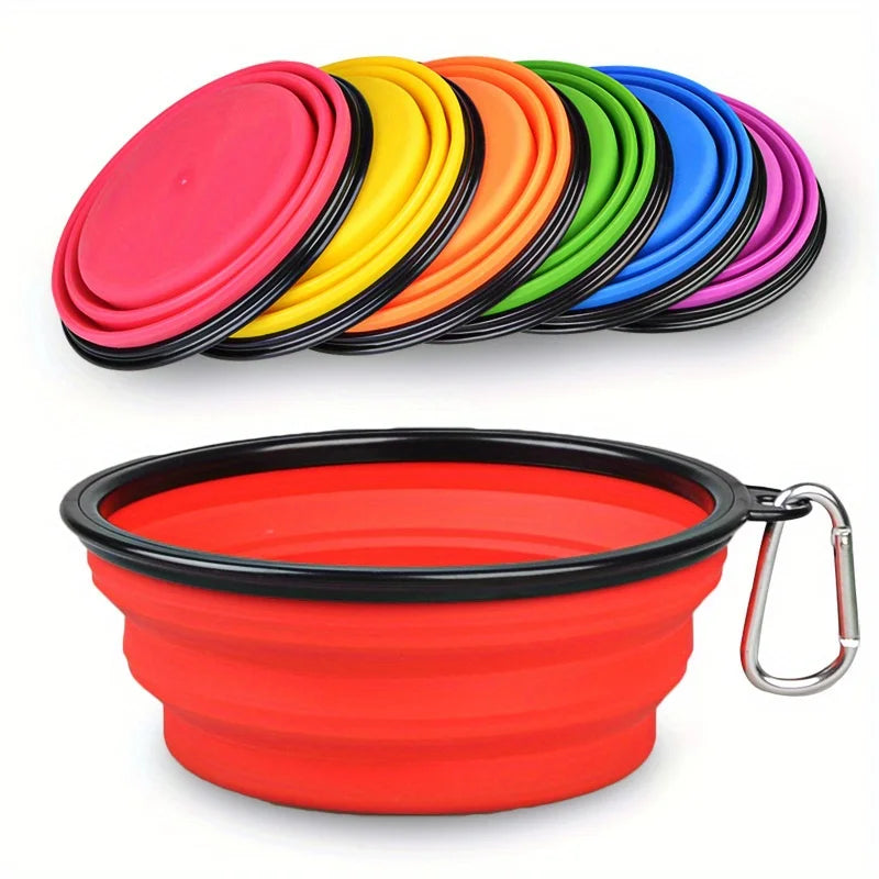 Rainbow colored silicone pet bowls folded flat compact travel design