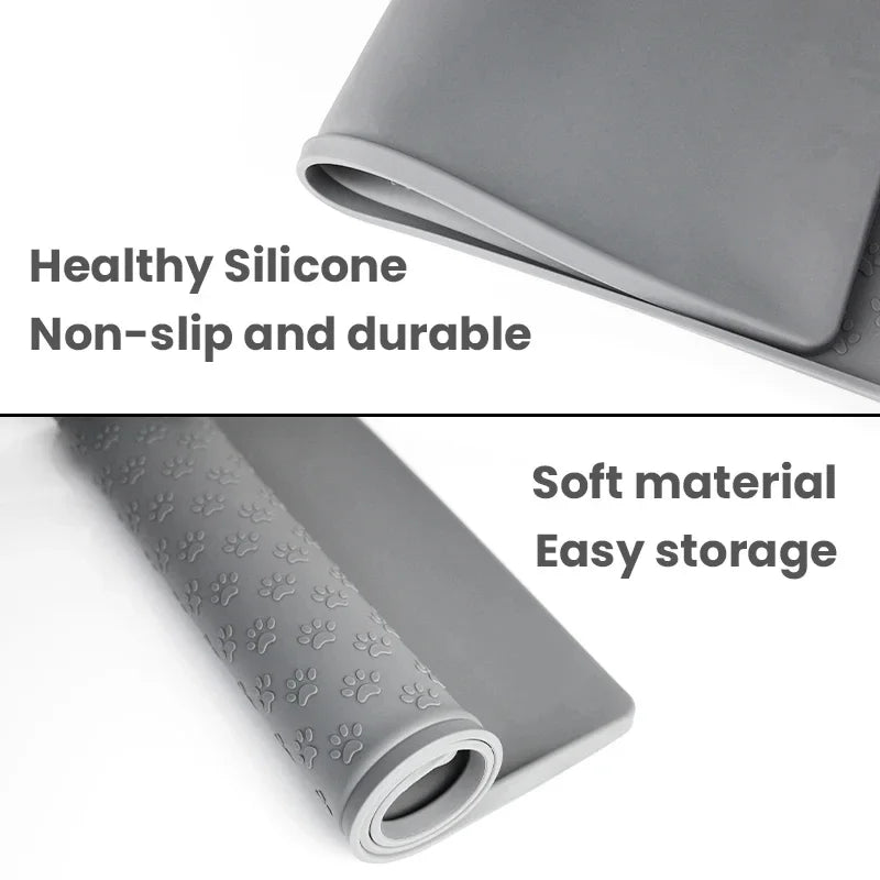 Rolled gray silicone pet mat showing soft material easy storage